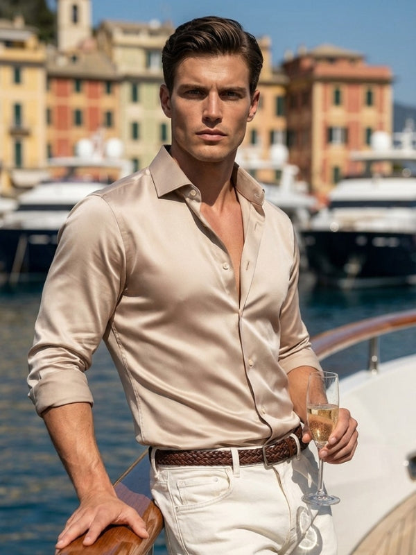 Russell Sand Satin Full Sleeve Single Cuff Slim Fit Party Wear Poly Satin Shirt