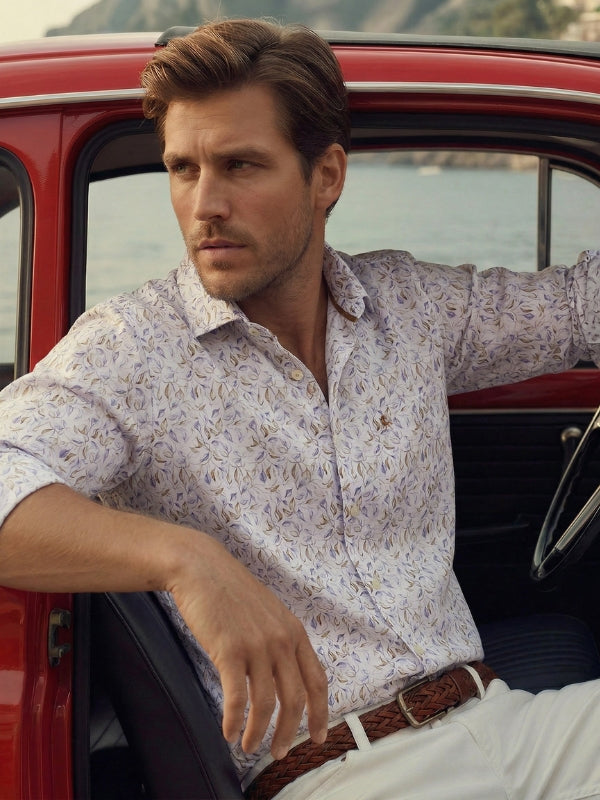 Hakimi Twill White Printed Full Sleeve Tailored Fit Casual Cotton Shirt