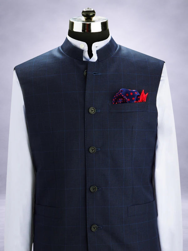 Biella Navy Pure Wool 160's Sleeveless Jodhpuri