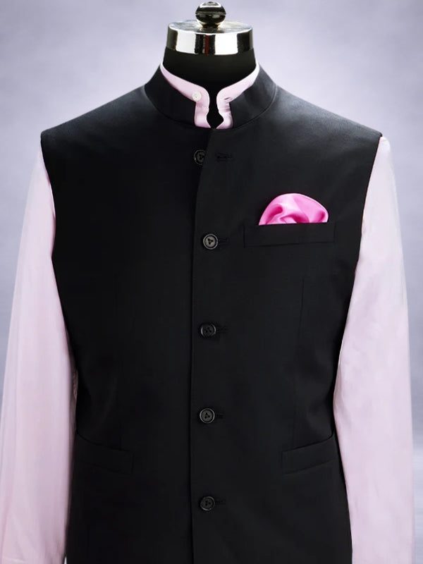 Pollone Black Poly Wool Sleeveless Jodhpuri