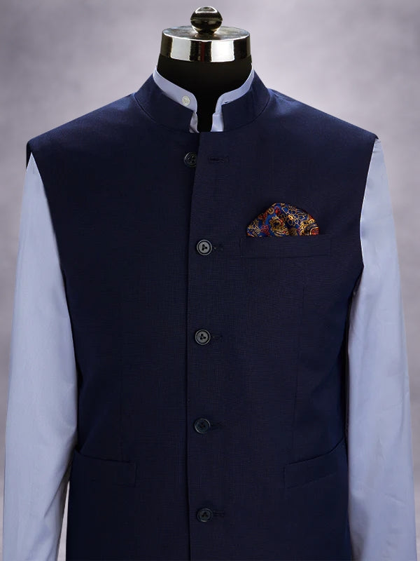 Pollone Blue Poly Wool Sleeveless Jodhpuri