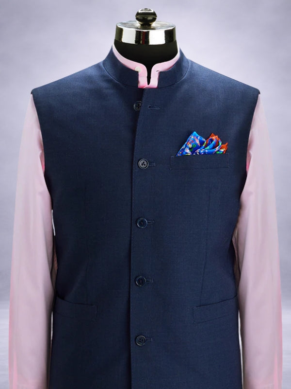Pollone Navy Poly Wool Sleeveless Jodhpuri