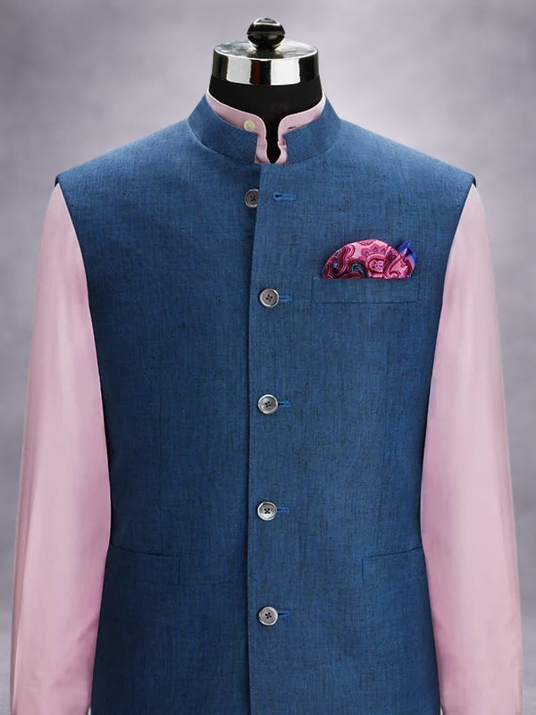 Positano Blue Pure Linen Sleeveless Jodhpuri