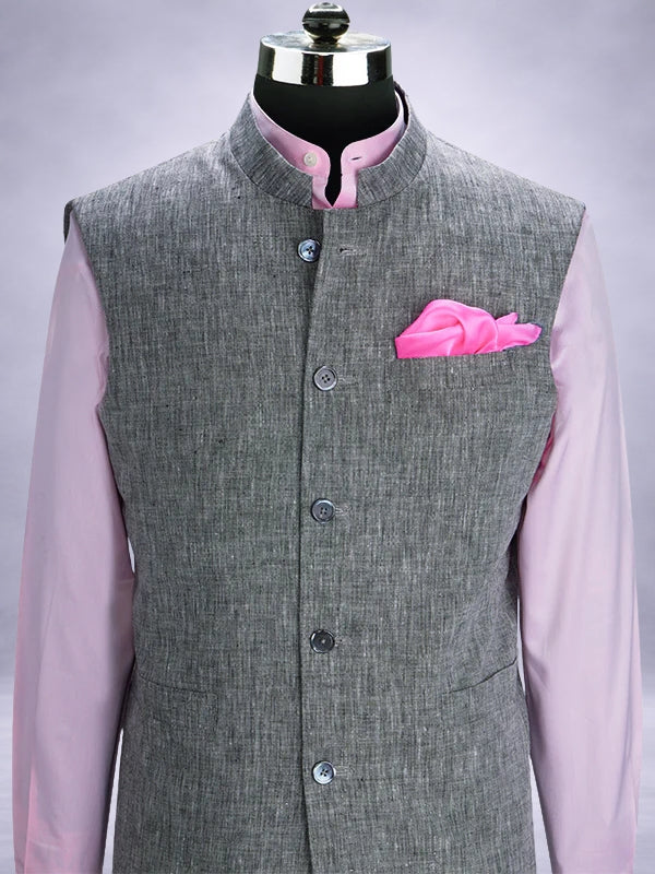 Positano Light Grey Pure Linen Sleeveless Jodhpuri