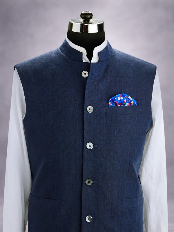 Positano Navy Pure Linen Sleeveless Jodhpuri