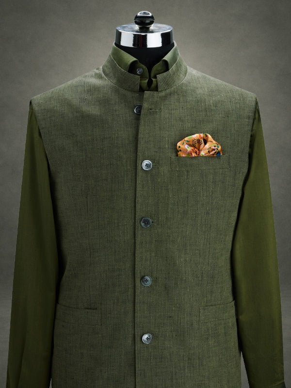 Positano Olive Pure Linen Sleeveless Jodhpuri