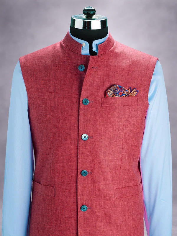 Positano Red Pure Linen Sleeveless Jodhpuri