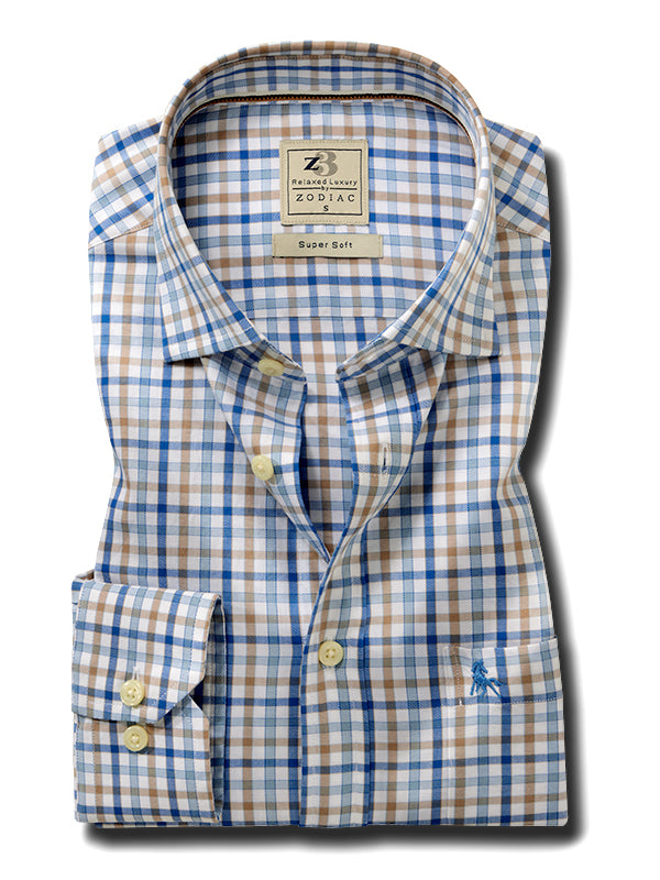Dominik Twill Beige Check Full Sleeve Tailored Fit Casual Cotton Shirt