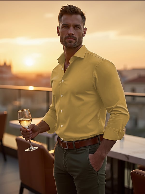 Beyer Mustard Techno 4 Way Stretch Solid Full Sleeve Single Cuff Slim Fit Party Wear Blended Shirt
