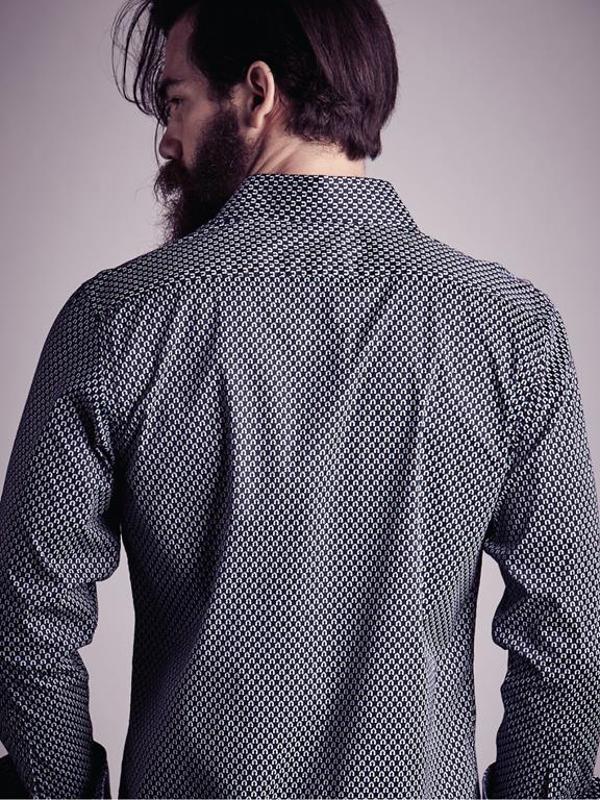 Lavo Navy Printed Full Sleeve Single Cuff Slim Fit Party Wear Blended Shirt