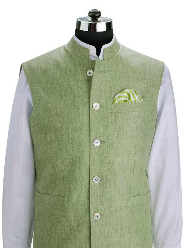 Positano Green Pure Linen Sleeveless Jodhpuri
