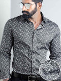 Angello Black Printed Full Sleeve Single Cuff Slim Fit Party Wear Blended Shirt