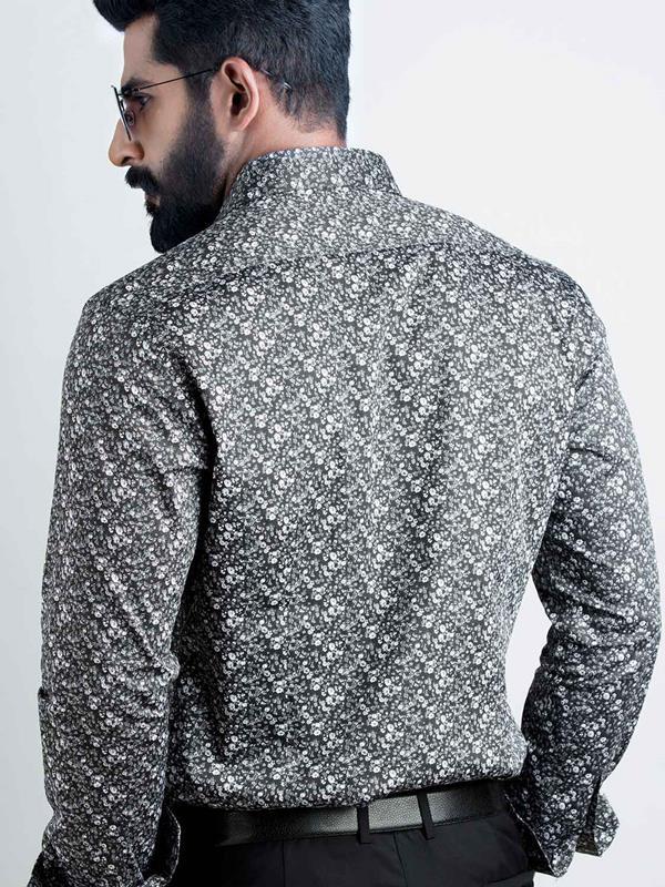 Angello Black Printed Full Sleeve Single Cuff Slim Fit Party Wear Blended Shirt