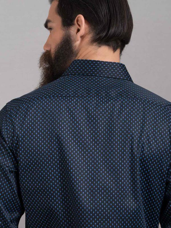 Babylon Blue Printed Full Sleeve Single Cuff Slim Fit Party Wear Blended Shirt