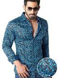 Calderoni Cobalt Printed Full Sleeve Single Cuff Slim Fit Party Wear Blended Shirt