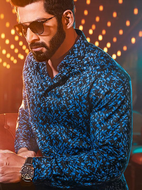 Calderoni Cobalt Printed Full Sleeve Single Cuff Slim Fit Party Wear Blended Shirt