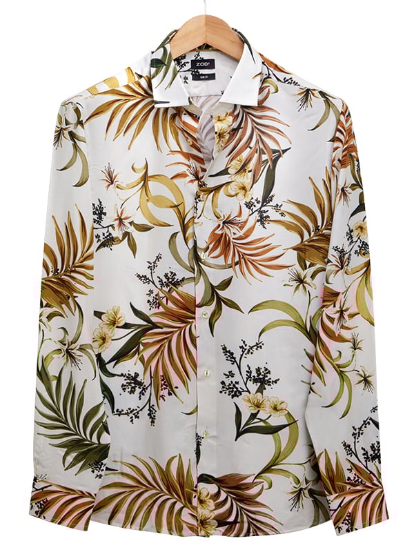 Chico Ecru Printed Full Sleeve Single Cuff Slim Fit Party Wear Viscose Shirt