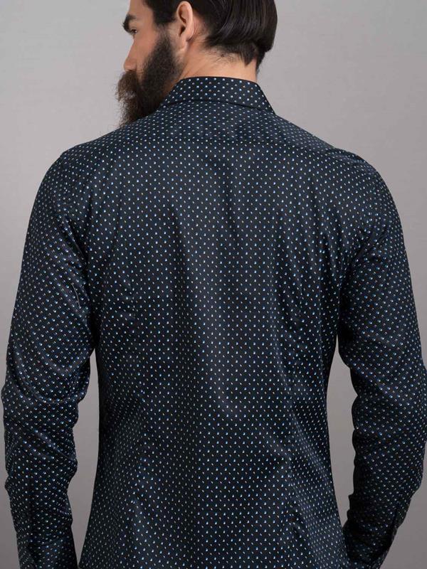 Cocorico Black Printed Full Sleeve Single Cuff Slim Fit Party Wear Blended Shirt