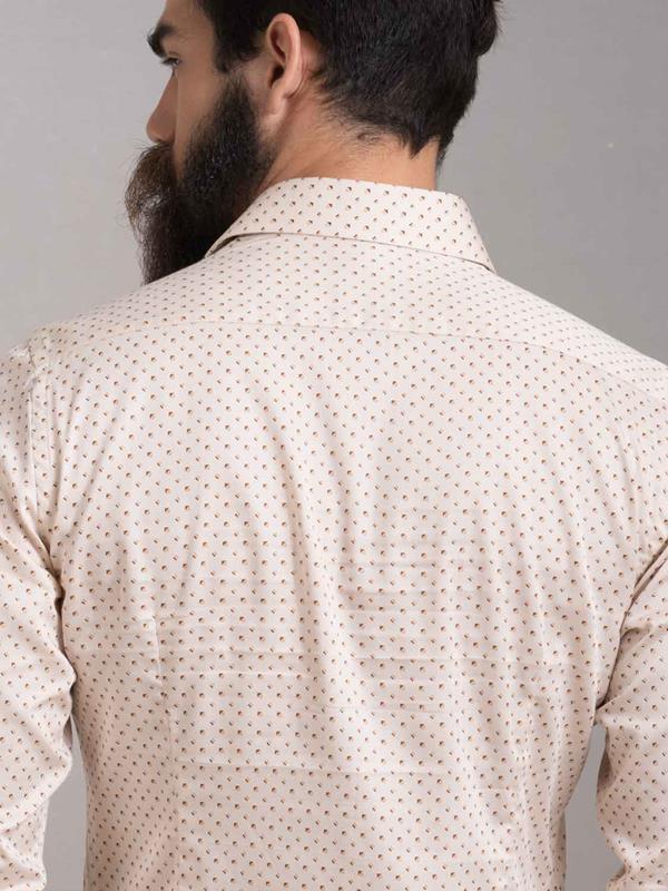 Cocorico Cream Printed Full Sleeve Single Cuff Slim Fit Party Wear Blended Shirt