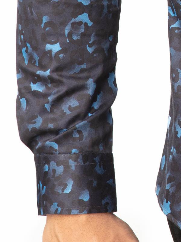 Euron Navy Printed Full Sleeve Single Cuff Slim Fit Party Wear Blended Shirt