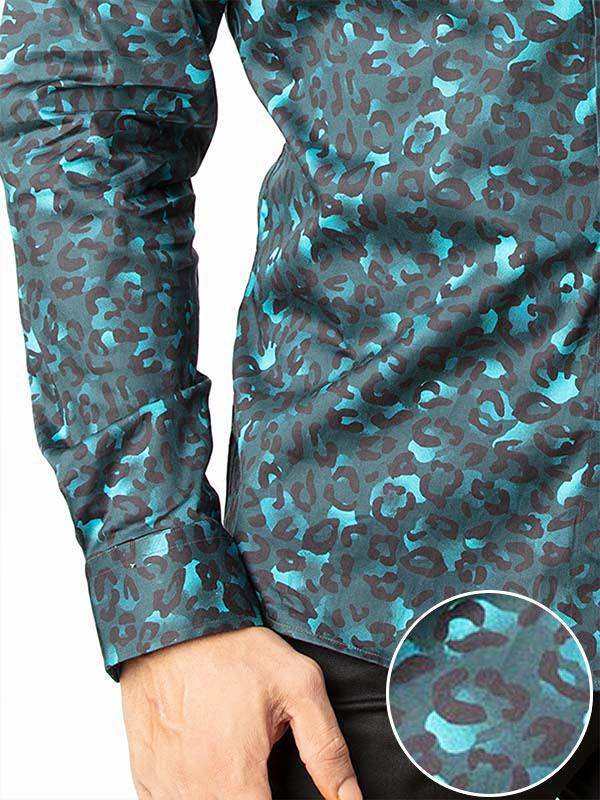 Euron Teal Printed Full Sleeve Single Cuff Slim Fit Party Wear Blended Shirt