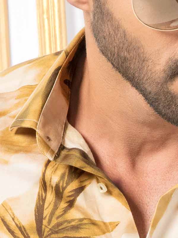 Fabio Ochre Printed Full Sleeve Single Cuff Slim Fit Party Wear Blended Shirt
