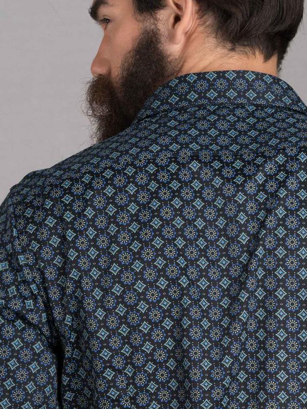 Galata Blue Printed Full Sleeve Single Cuff Slim Fit Party Wear Blended Shirt