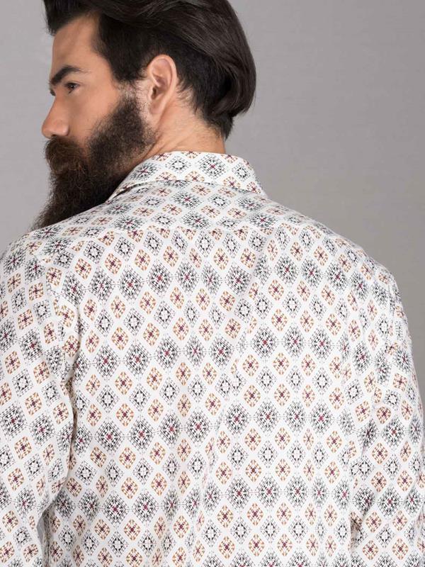 Istanbul Ecru Printed Full Sleeve Single Cuff Slim Fit Party Wear Blended Shirt