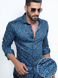 Lamar Cobalt Printed Full Sleeve Single Cuff Slim Fit Party Wear Blended Shirt