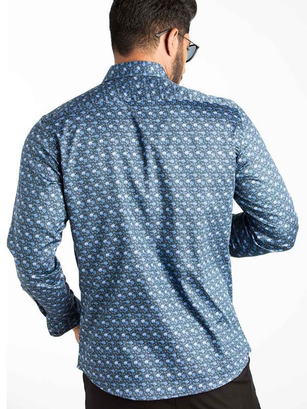Maceo Blue Printed Full Sleeve Single Cuff Slim Fit Party Wear Blended Shirt