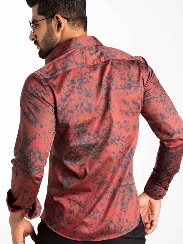 Markus Burgundy Printed Full Sleeve Single Cuff Slim Fit Party Wear Blended Shirt