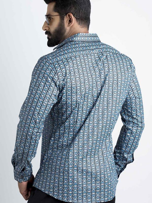 Marlo Blue Printed Full Sleeve Single Cuff Slim Fit Party Wear Blended Shirt