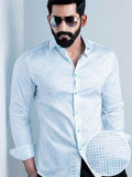 Noa Turquoise Printed Full Sleeve Single Cuff Slim Fit Party Wear Blended Shirt