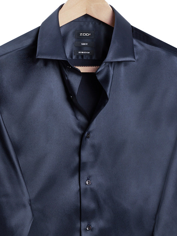 Perez Navy High Gloss Satin Stretch Solid Full Sleeve Single Cuff Slim Fit Party Wear Blended Shirt