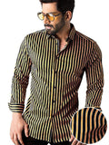 Rafa Ochre Striped Full Sleeve Single Cuff Slim Fit Party Wear Blended Shirt