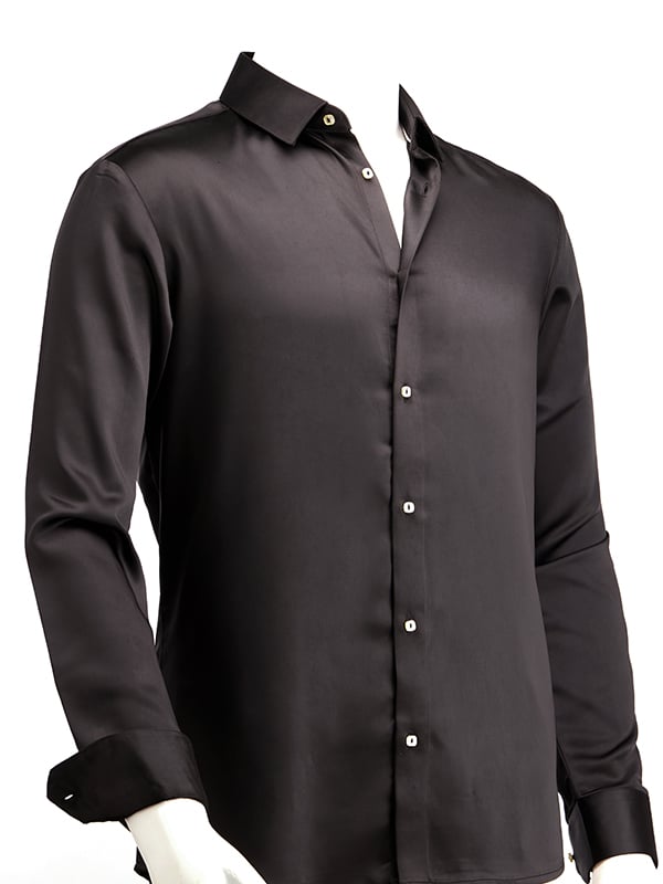 Russell Black Satin Full Sleeve Single Cuff Slim Fit Party Wear Poly Satin Shirt