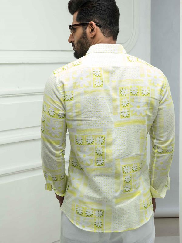 Skrillex Green Printed Full Sleeve Single Cuff Slim Fit Party Wear Blended Shirt