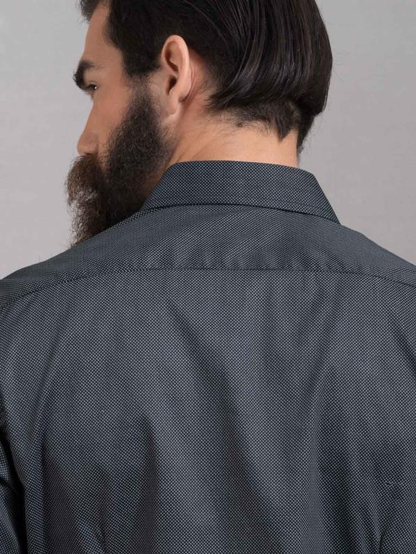 Sortie Dark Grey Printed Full Sleeve Single Cuff Slim Fit Party Wear Blended Shirt