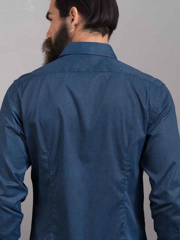 Sortie Navy Printed Full Sleeve Single Cuff Slim Fit Party Wear Blended Shirt