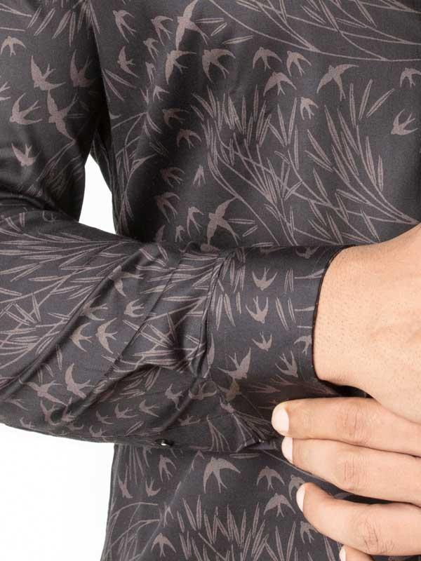 Stannis Brown Printed Full Sleeve Single Cuff Slim Fit Party Wear Blended Shirt