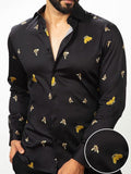 Stinger Black Printed Full Sleeve Single Cuff Slim Fit Party Wear Blended Shirt