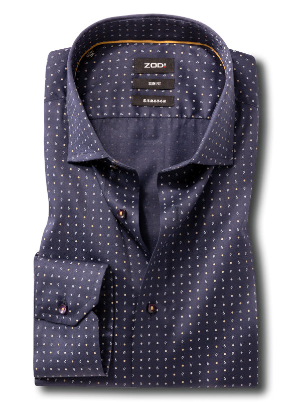 Suada Navy Printed Full Sleeve Single Cuff Slim Fit Party Wear Blended Shirt