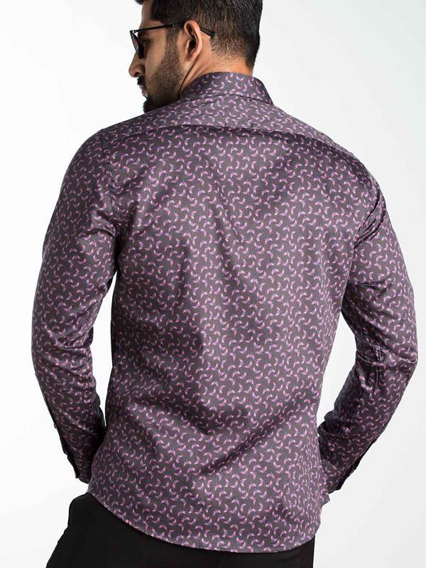 Timmi Purple Printed Full Sleeve Single Cuff Slim Fit Party Wear Blended Shirt