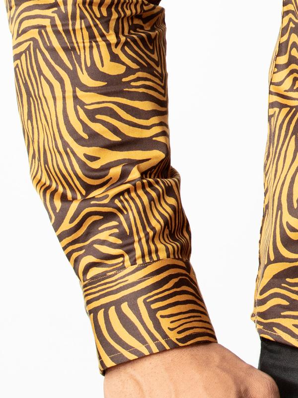 Tommen Ochre Printed Full Sleeve Single Cuff Slim Fit Party Wear Blended Shirt