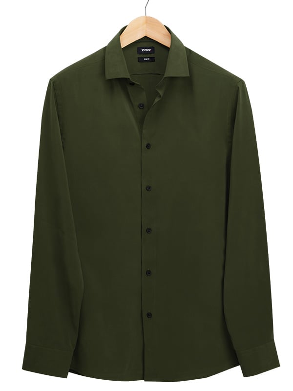 Verstappen Olive Solid “Velvet Touch†Full Sleeve Single Cuff Slim Fit Party Wear Blended Shirt