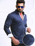 Wake Navy Solid Full Sleeve Single Cuff Slim Fit Party Wear Blended Shirt