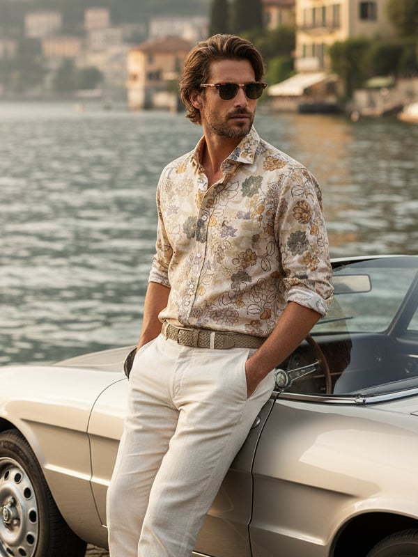 Aberg Slub Beige Printed Full Sleeve Tailored Fit Casual Cotton Shirt