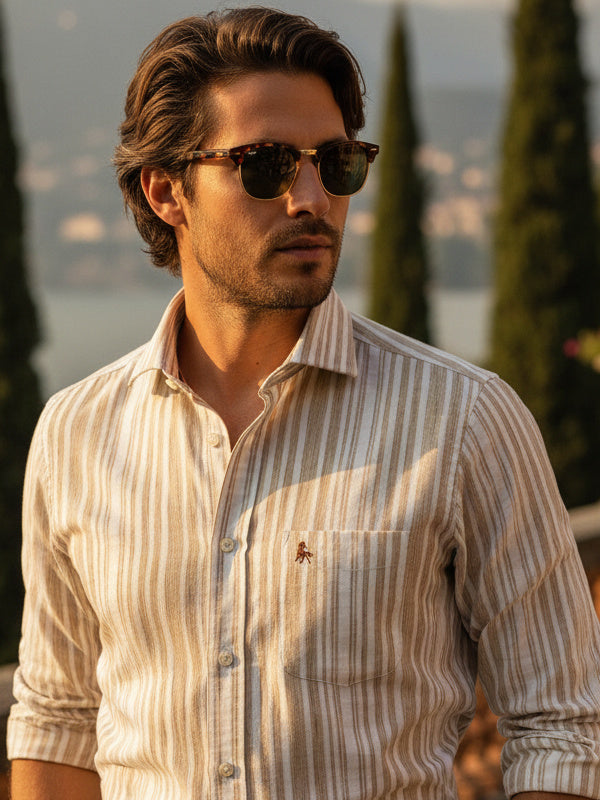 Scheffler Beige Striped Full Sleeve Tailored Fit Casual Blended Shirt