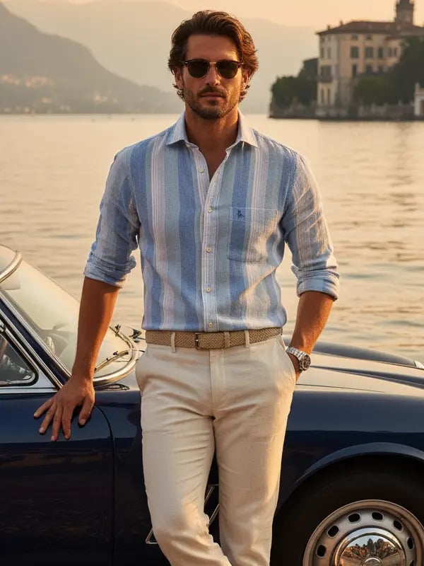 Menorca Crepe Blue Striped Full Sleeve Tailored Fit Casual Cotton Shirt