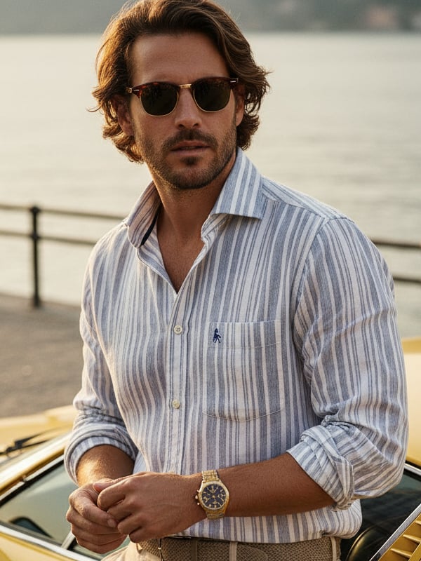 Scheffler Blue Striped Full Sleeve Tailored Fit Casual Blended Shirt